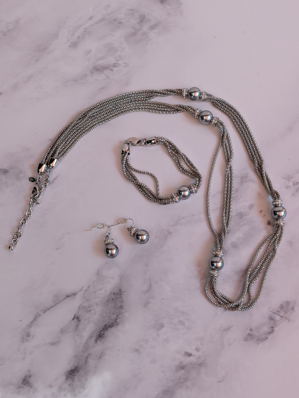 Premier Designs 3 Piece Silver Tone Multi Strand Necklace Bracelet Earrings Set